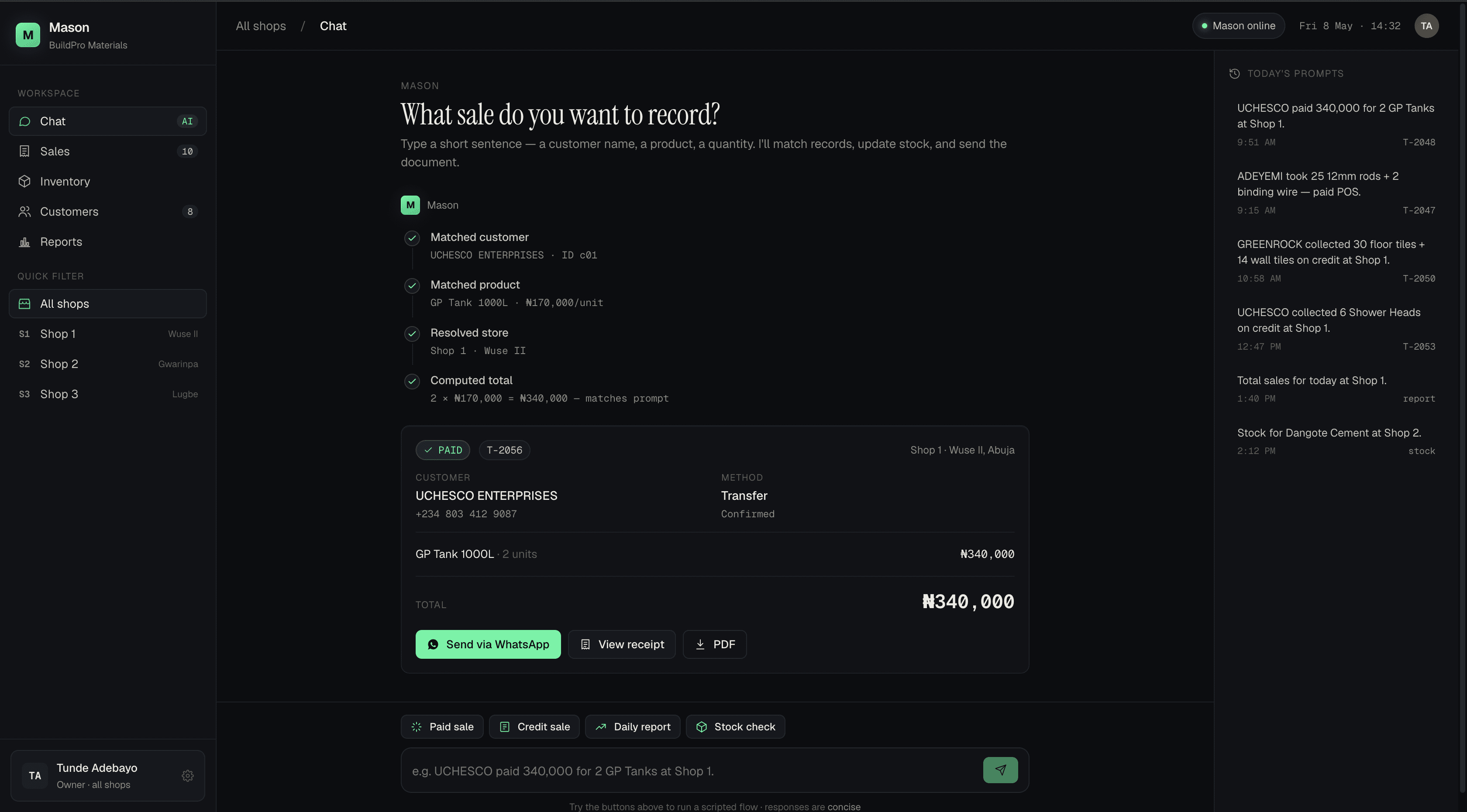 Ledga chat — record a sale by typing a sentence